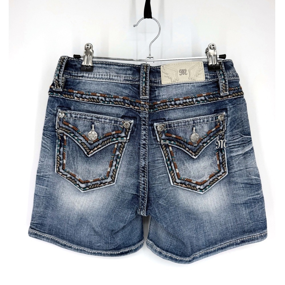 MISS ME Womens Size 25 Mid Rise Embroidered Flap Pocket Denim Shorts Blue Y2K